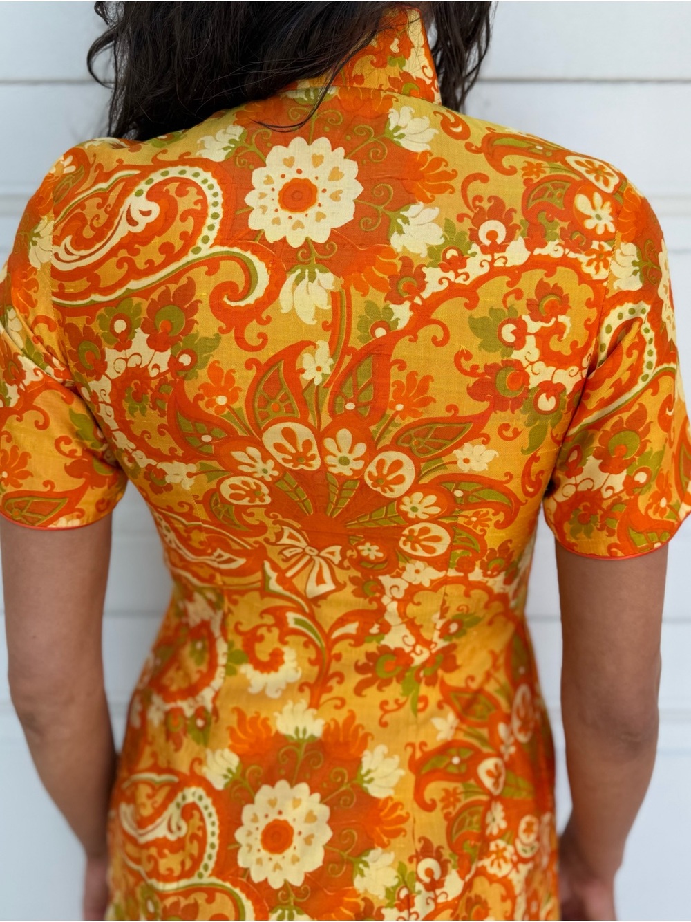 Vintage 60s Orange Raw Silk Floral Midi Dress Cheongsam with Jacket - Picture 14 of 17